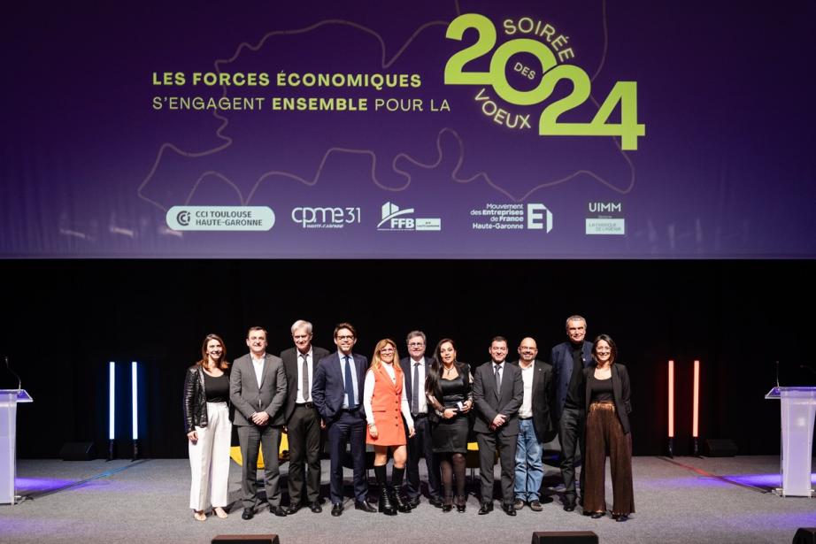 Le Medef 31, la CPME 31, l’UIMM Occitanie, la FBTP 31 et la CCI Toulouse/Haute-Garonne. ont organisé pour la première fois des voeux en commun, jeudi 18 janvier 2024. (Photo : Olivier Espagnol)