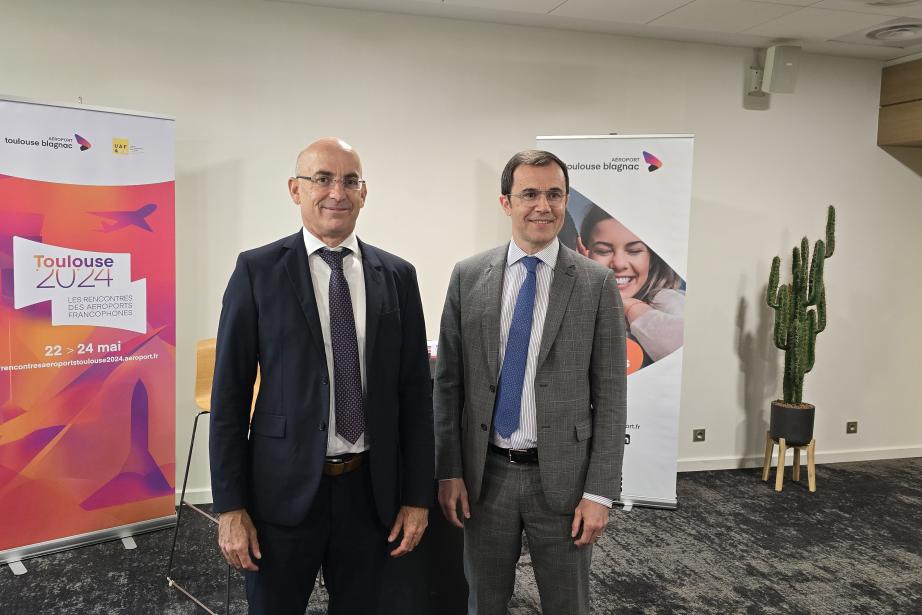 Thomas Juin, co-organisateur de l'événement et président de l'UAF (à gauche) et Philippe Crébassa, président du directoire de l'Aéroport Toulouse Blagnac (à droite). (Photo : Dorian Alinaghi - Entreprises Occitanie)