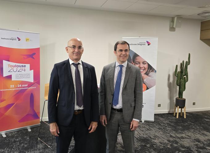 Thomas Juin, co-organisateur de l'événement et président de l'UAF (à gauche) et Philippe Crébassa, président du directoire de l'Aéroport Toulouse Blagnac (à droite). (Photo : Dorian Alinaghi - Entreprises Occitanie)