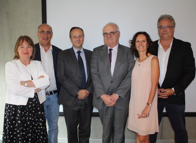 Carole Barbaste,  vice pdt de la Carsat MP, Michel Vigié, pdt de la Carsat MP, Christophe Lerouge, DR de la Direccte, Pierre Legrand, pdt de l’Astia, Sylvie Micoud, directrice de l’Astia, David Decourtye chez d’Agence de l’OPPBTP Midi-Pyrénées