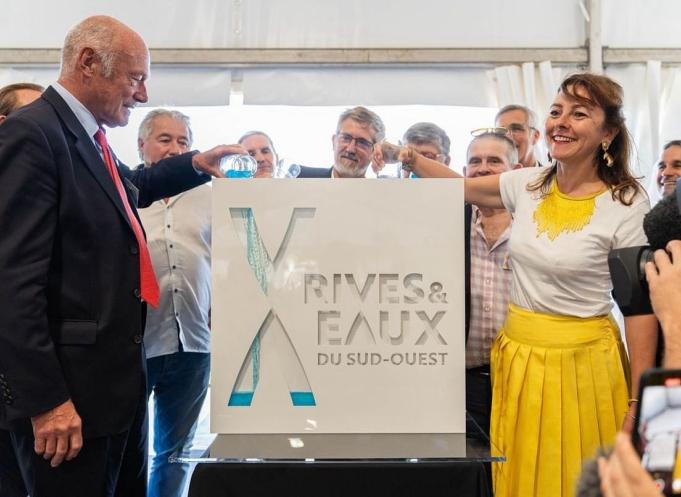 Alain Rousset (président de la Région Nouvelle-Aquitaine, à gauche) et Carole Delga (présidente de la Région Occitanie, à droite) ont présenté le nouveau nom de la CACG et le nouveau logo. (Photo : Léo Arcangeli - Région Occitanie)
