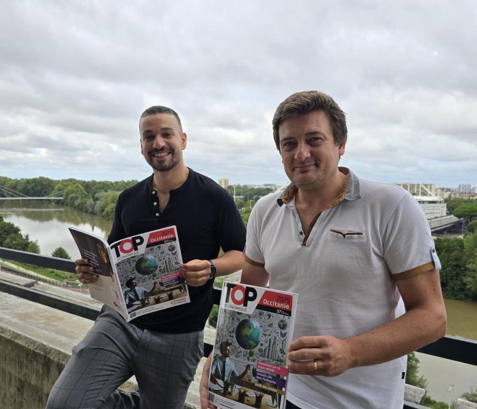 Le Top Economique Occitanie 2025 d'Entreprises Occitanie est disponible ! De gauche à droite : Dorian Alinaghi (journaliste) et Anthony Assémat (rédacteur en chef). (Photo : Morgane Sattin - Medef de Haute-Garonne)